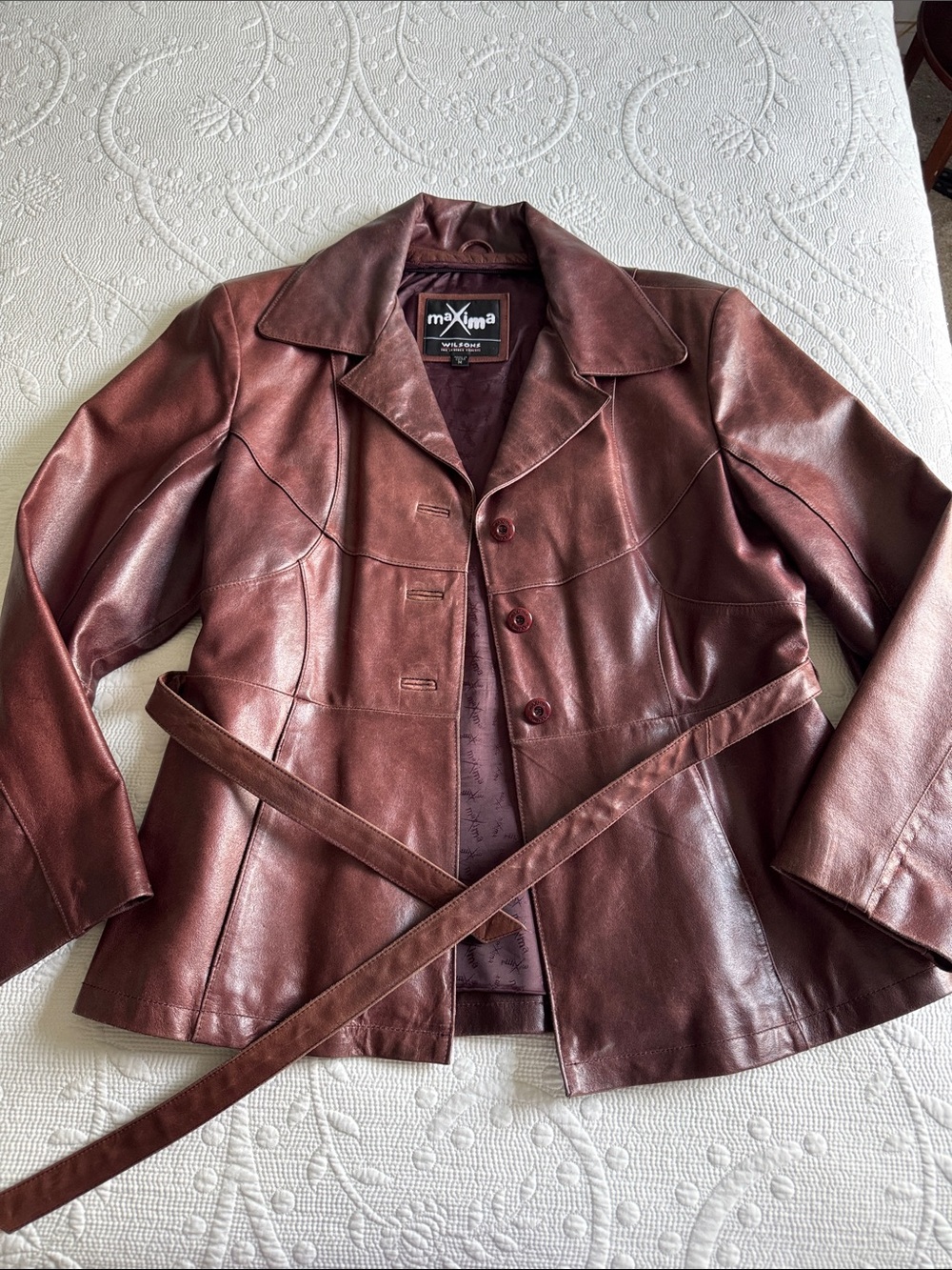 Maxima Women's Burgundy-Red Leather Belted Jacket